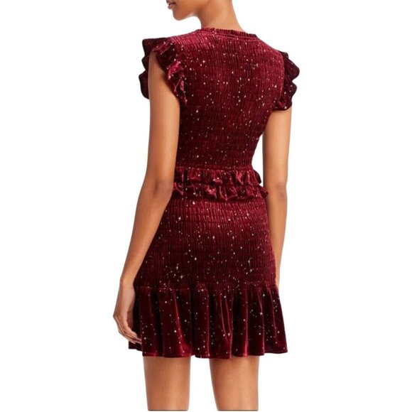 Aqua Burgundy Velvet Smocked Ruffle Metallic Silver Star Mini Dress Size S - Picture 4 of 6